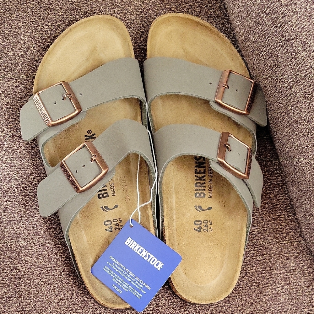Birkenstock Gray Two-Strap Sandals with Copper Buckles